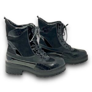 AU Air Underground Black Vegan Suede Patent Croc Lace Up Chunky Combat Boot 12